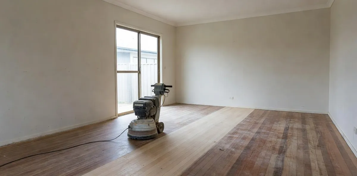 An empty living room with a drum sander part way across the floor, the sanded strip pale against the darker worn boards